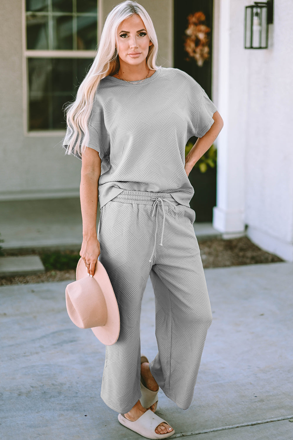 Textured Loose Fit T-Shirt and Drawstring Pants Set