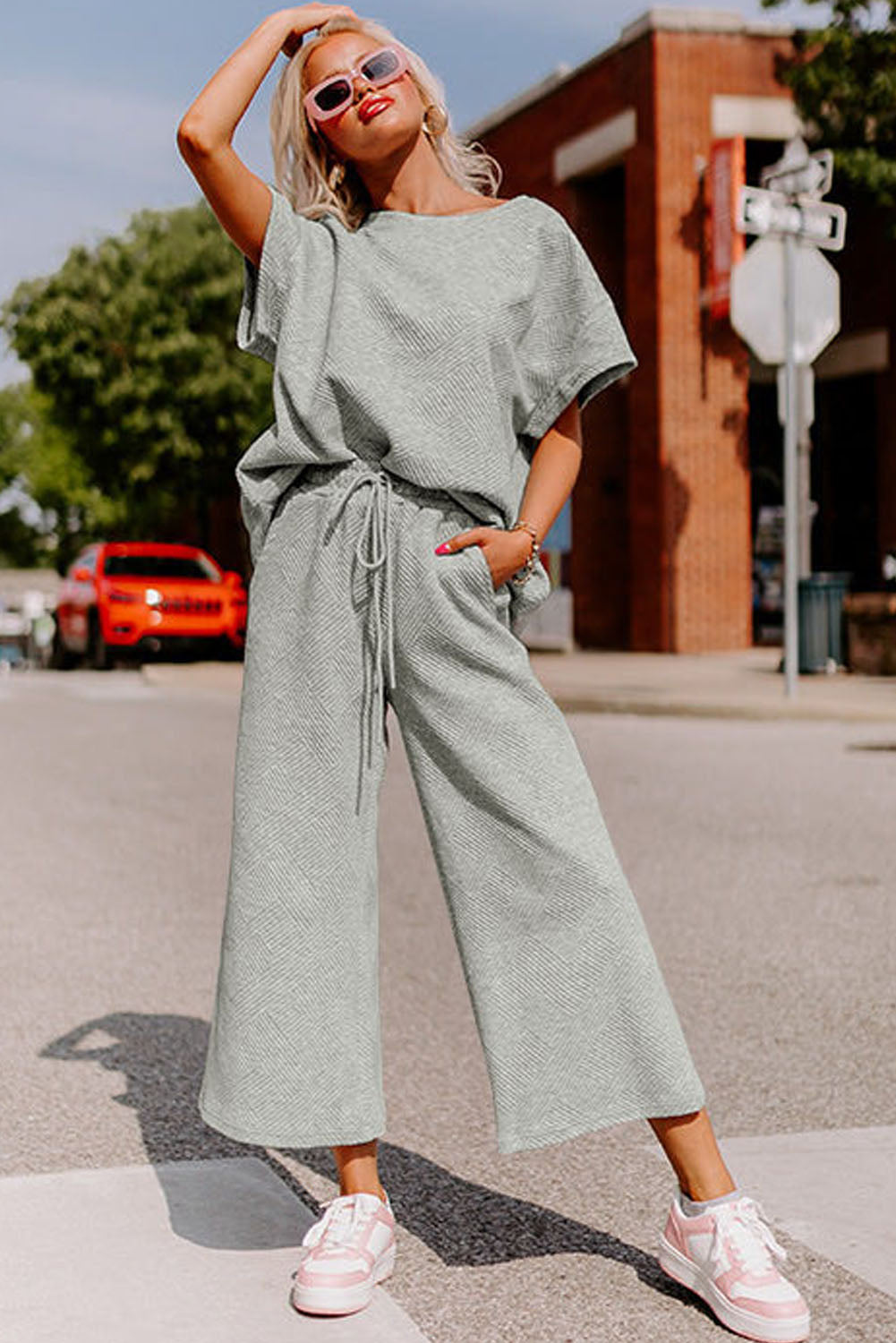 Textured Loose Fit T-Shirt and Drawstring Pants Set