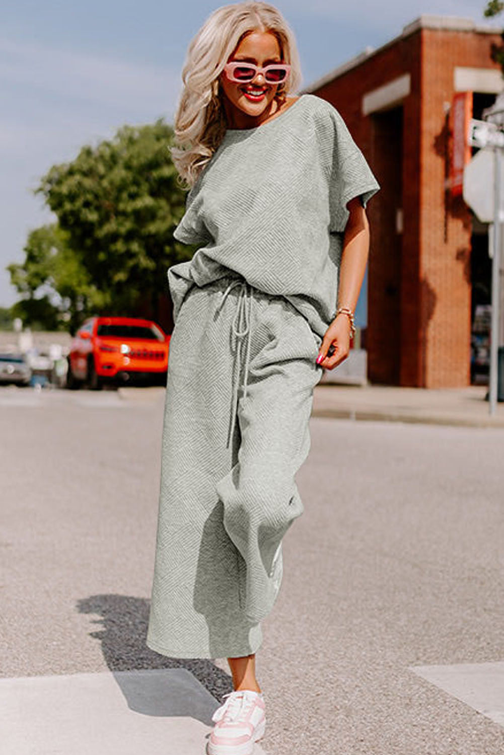 Textured Loose Fit T-Shirt and Drawstring Pants Set