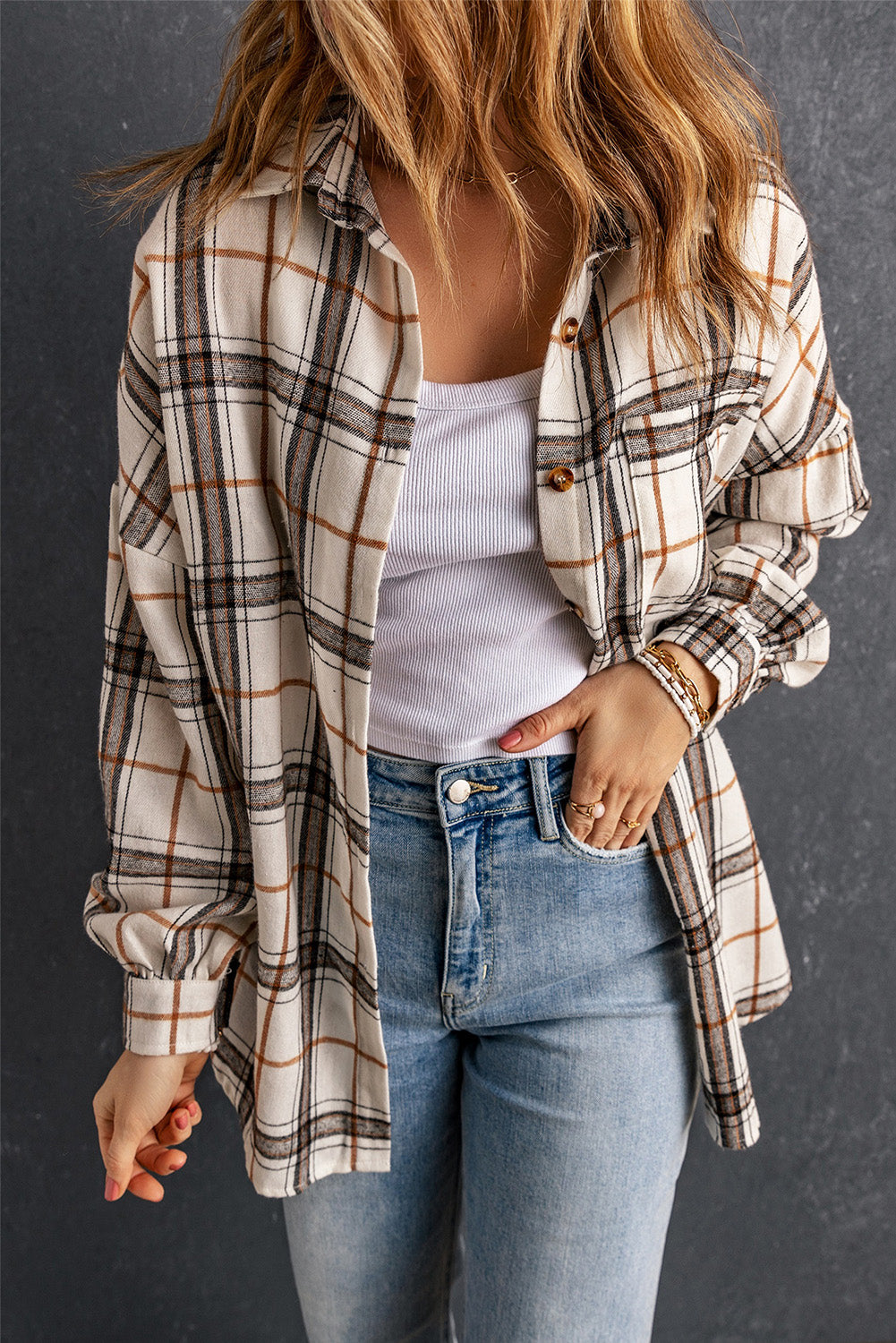 White Oversized Plaid Flannel Shacket