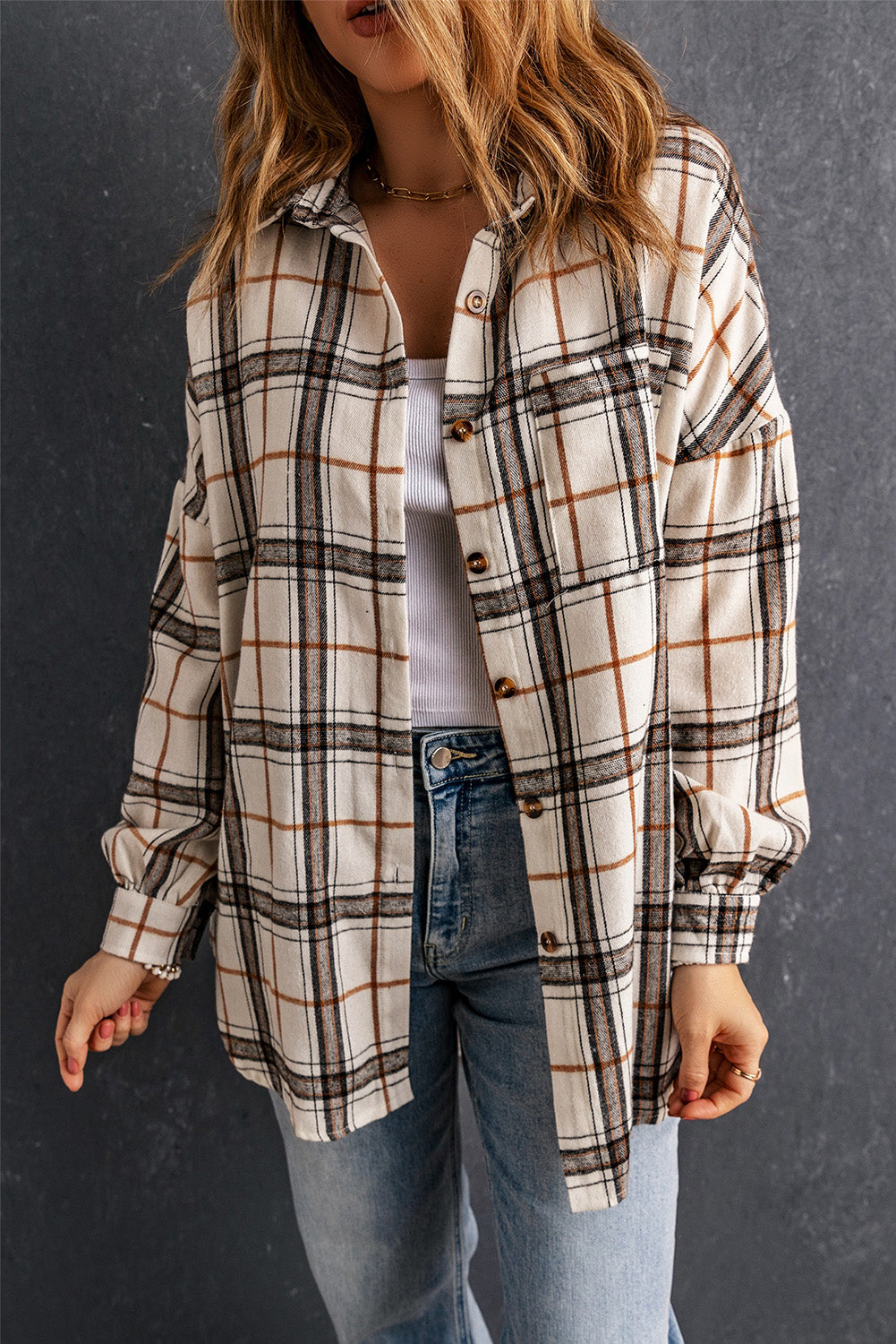 White Oversized Plaid Flannel Shacket