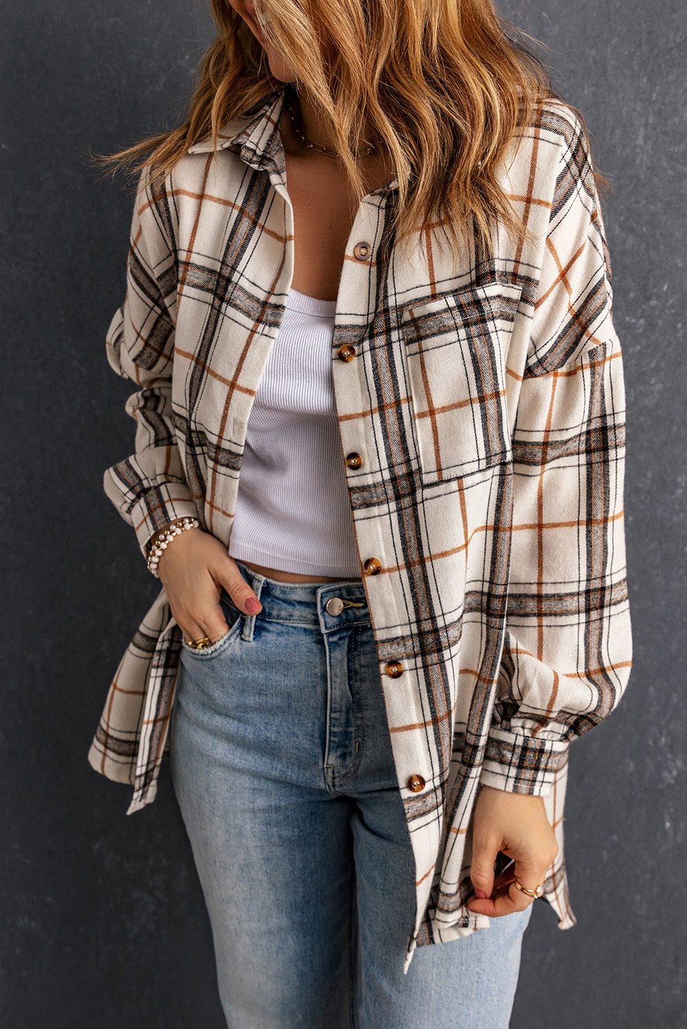 White Oversized Plaid Flannel Shacket